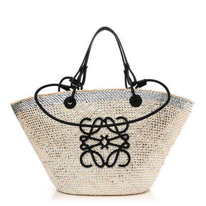 Loewe Calfskin Raffia Paulas Ibiza Sparkling Metallic Anagram Basket Tote Bag Natural Silver 1 of 9