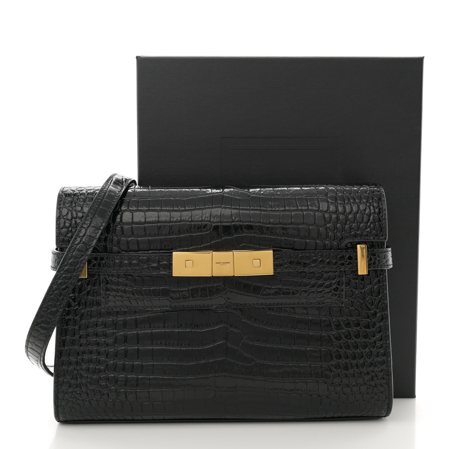 Saint Laurent Shiny Calfskin Crocodile Embossed Small Manhattan Baguette Black 11 of 11