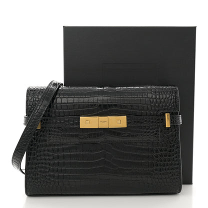 Saint Laurent Shiny Calfskin Crocodile Embossed Small Manhattan Baguette Black 11 of 11