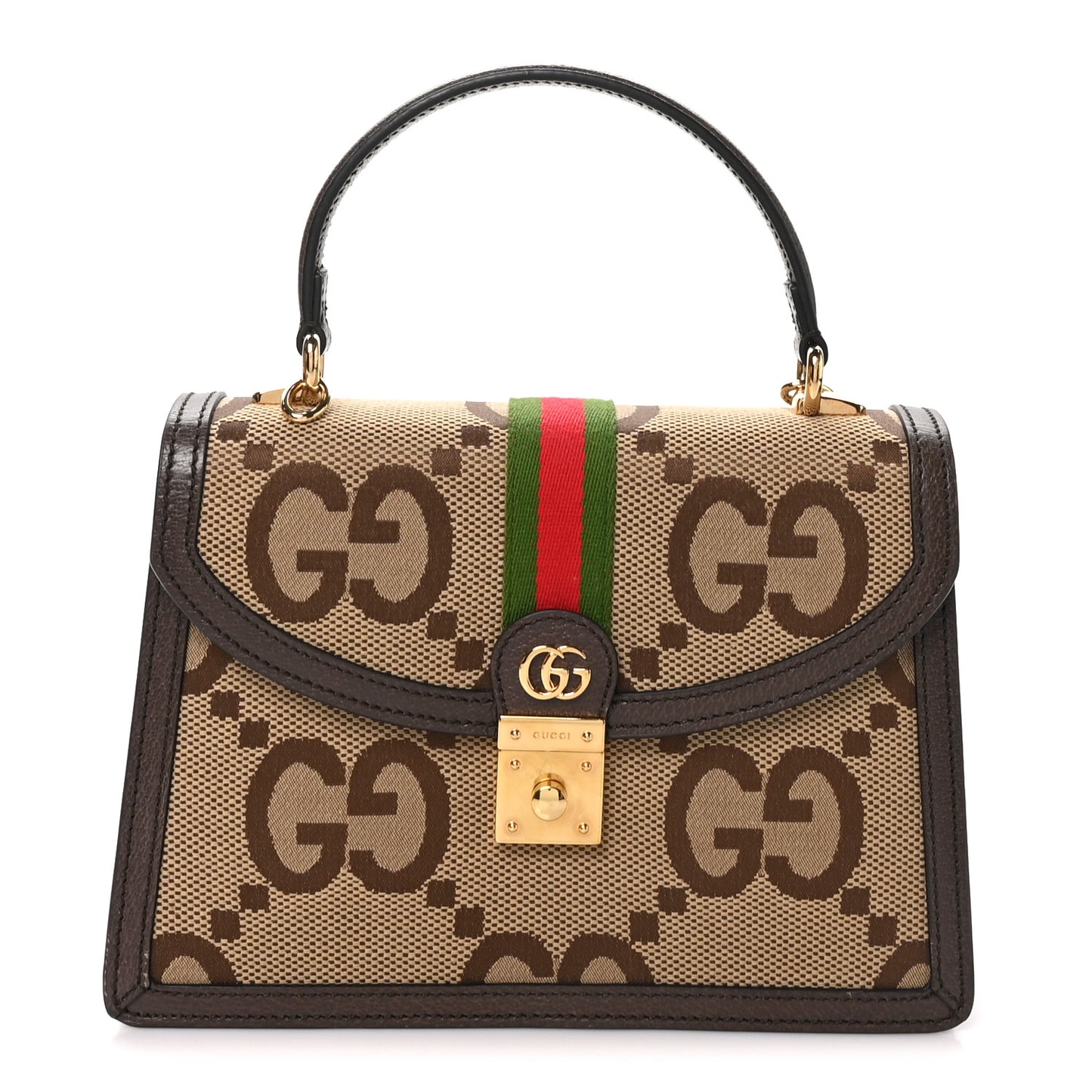 Monogram Jumbo GG Textured Dollar Calfskin Web Small Ophidia Padlock Top Handle Bag Camel Ebony New Acero