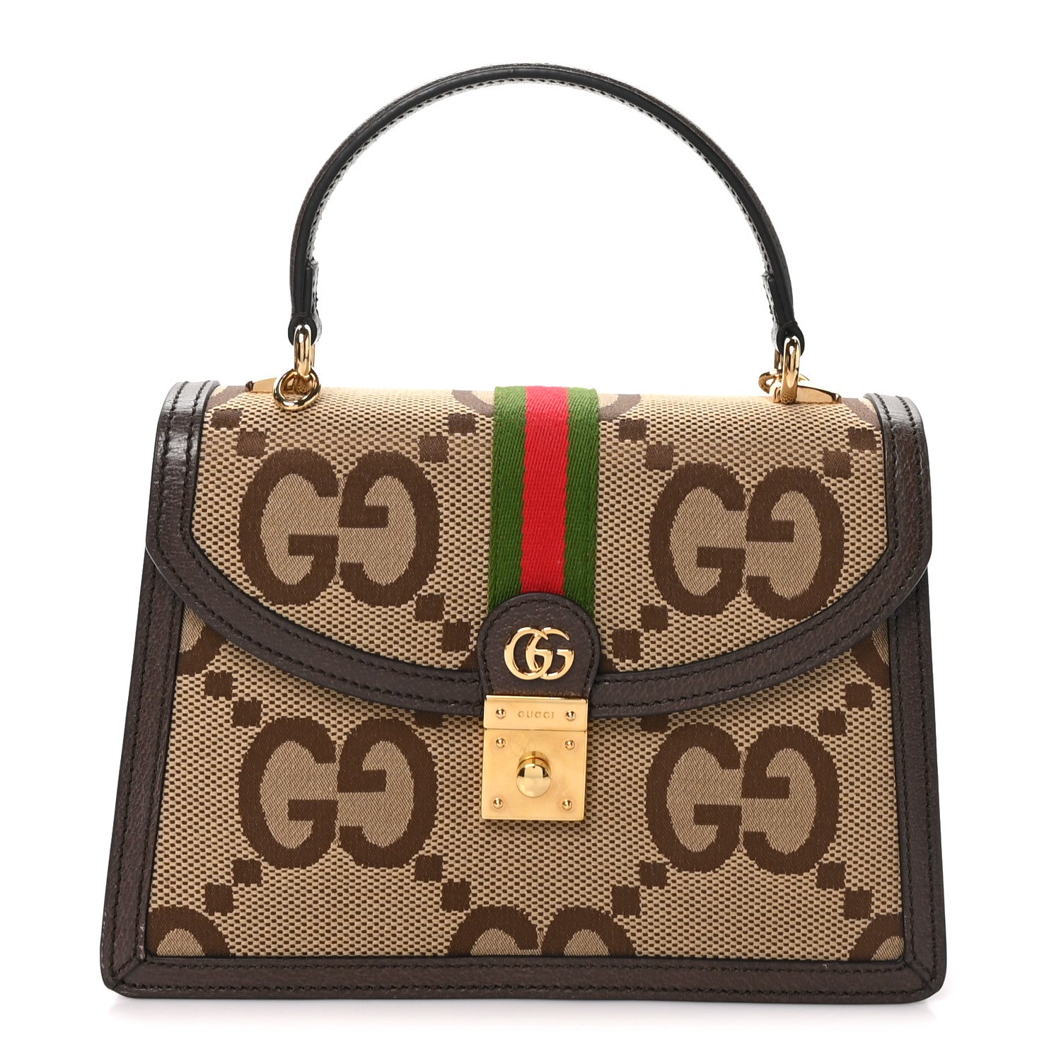 Gucci Monogram Jumbo GG Textured Dollar Calfskin Web Small Ophidia Padlock Top Handle Bag Camel Ebony New Acero 1 of 11