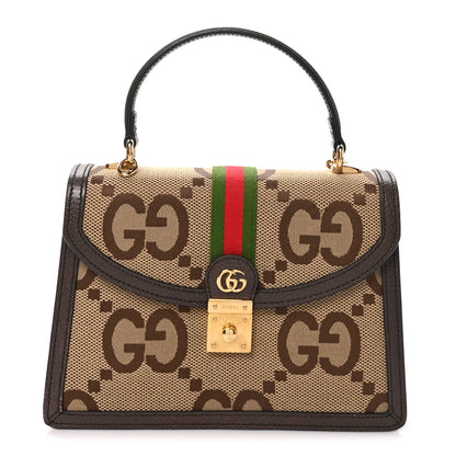 Gucci Monogram Jumbo GG Textured Dollar Calfskin Web Small Ophidia Padlock Top Handle Bag Camel Ebony New Acero 1 of 11
