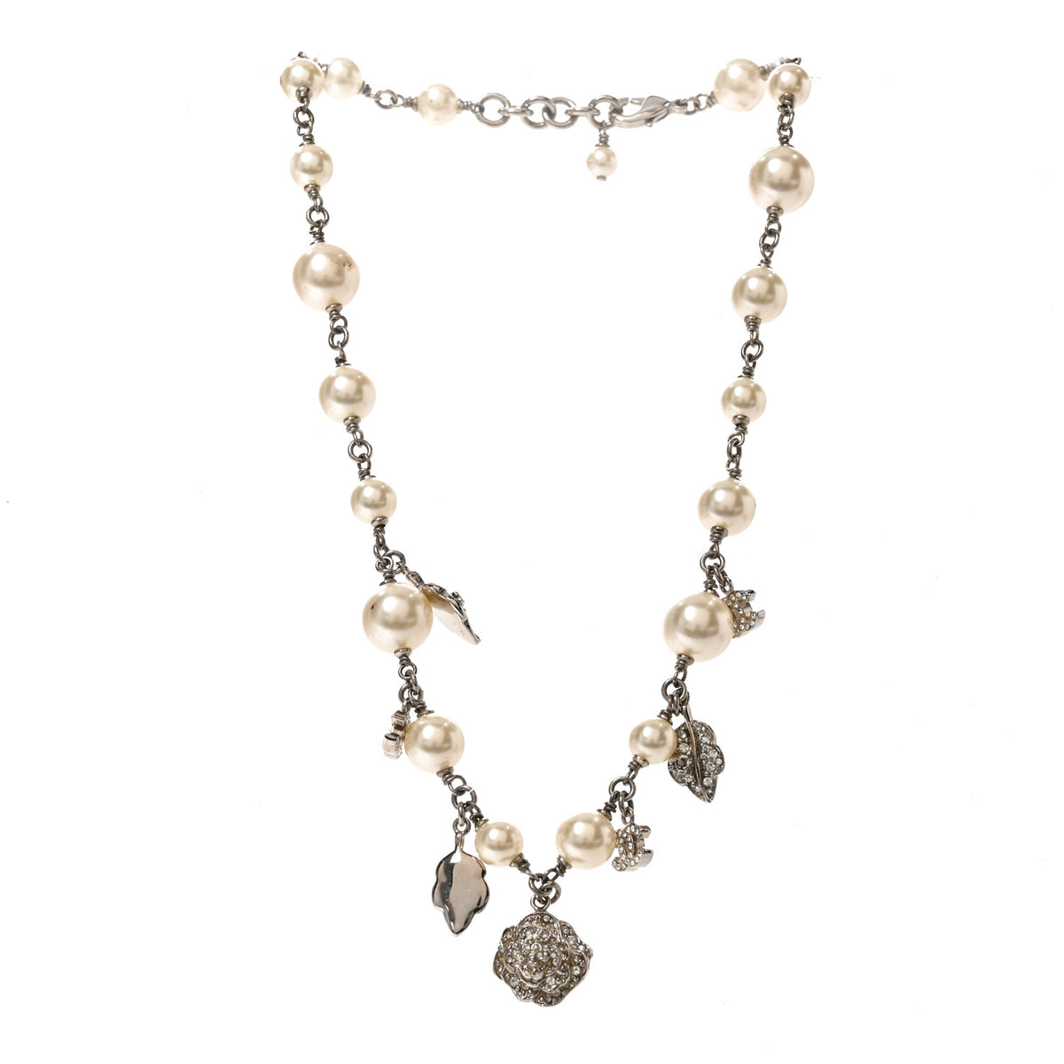 Chanel Crystal Pearl CC Camellia Charm Short Necklace Silver 3 of 5