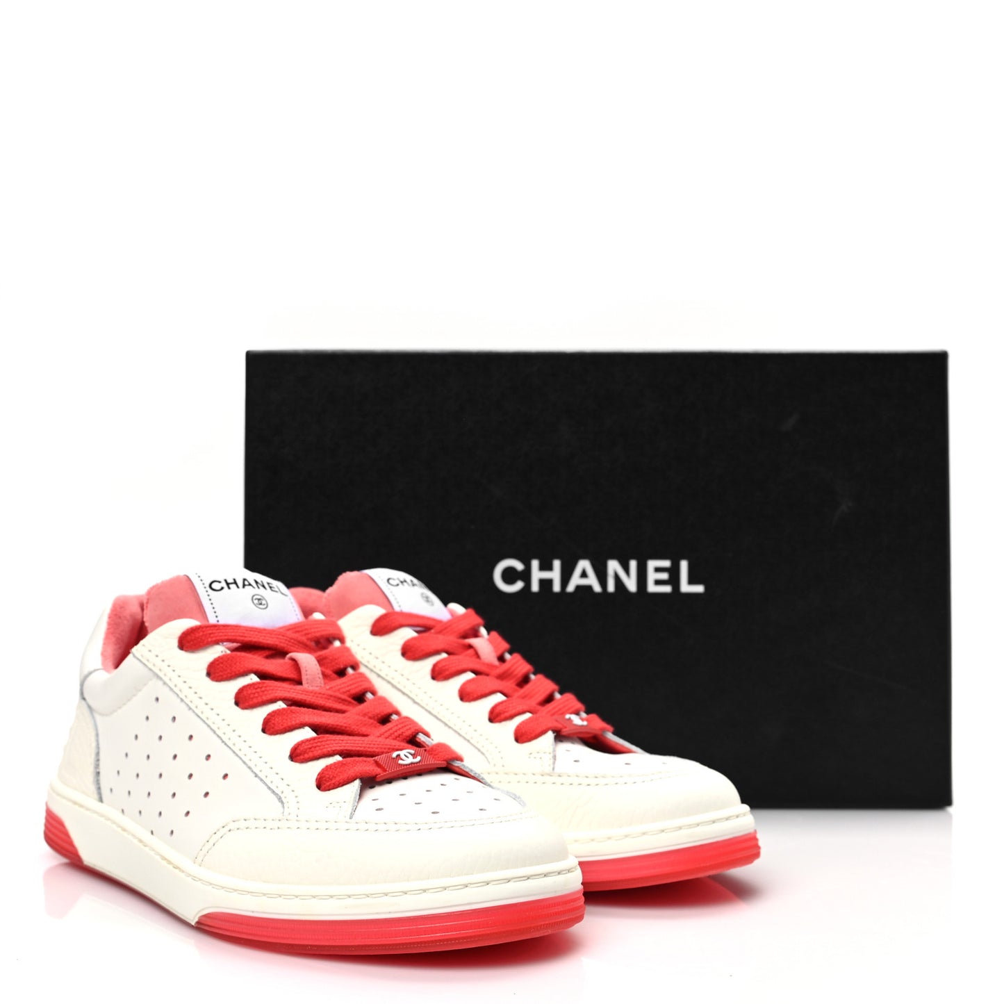 Grained Calfskin Fabric Womens Logo Sneakers 39 White Red