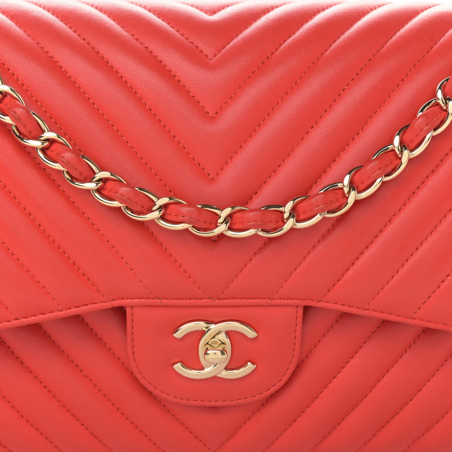 Lambskin Chevron Quilted Jumbo Double Flap Red