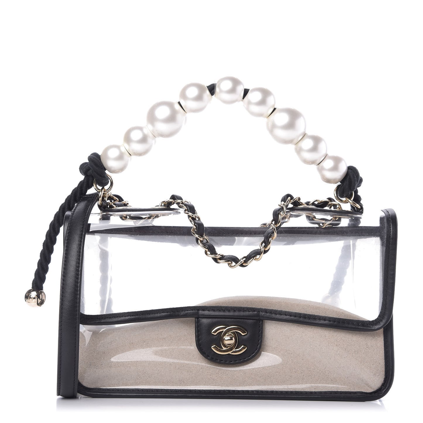 Lambskin PVC Sand By The Sea Flap With Pearl Strap Black