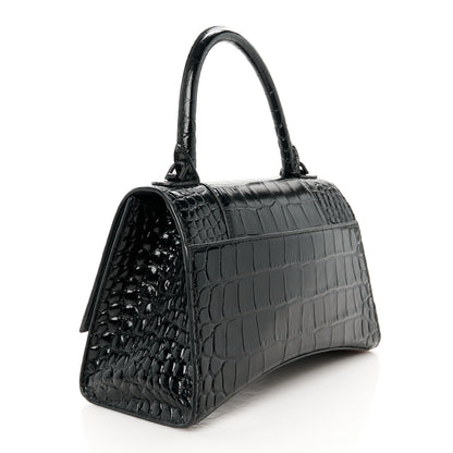 Balenciaga Shiny Calfskin Monochrome Crocodile Embossed Small Hourglass Top Handle Bag Black 3 of 11