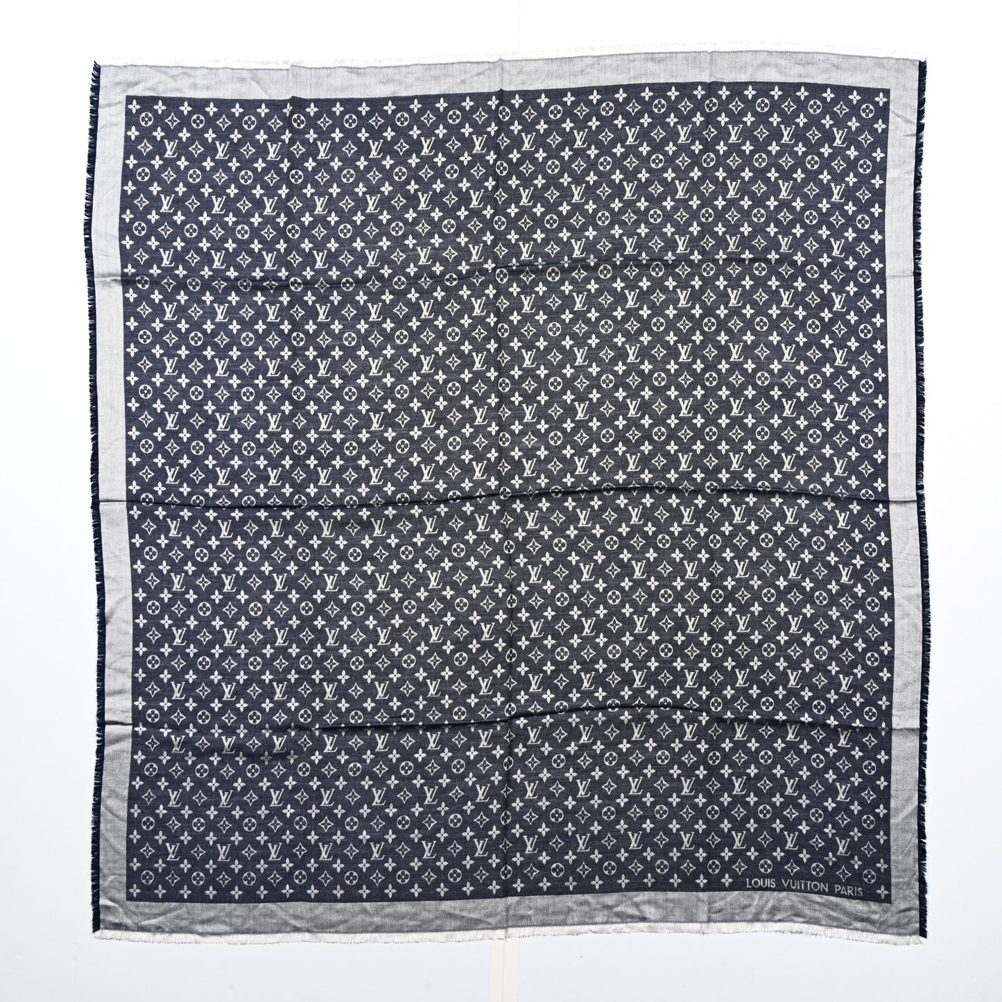 Wool Silk Monogram Denim Shawl Blue