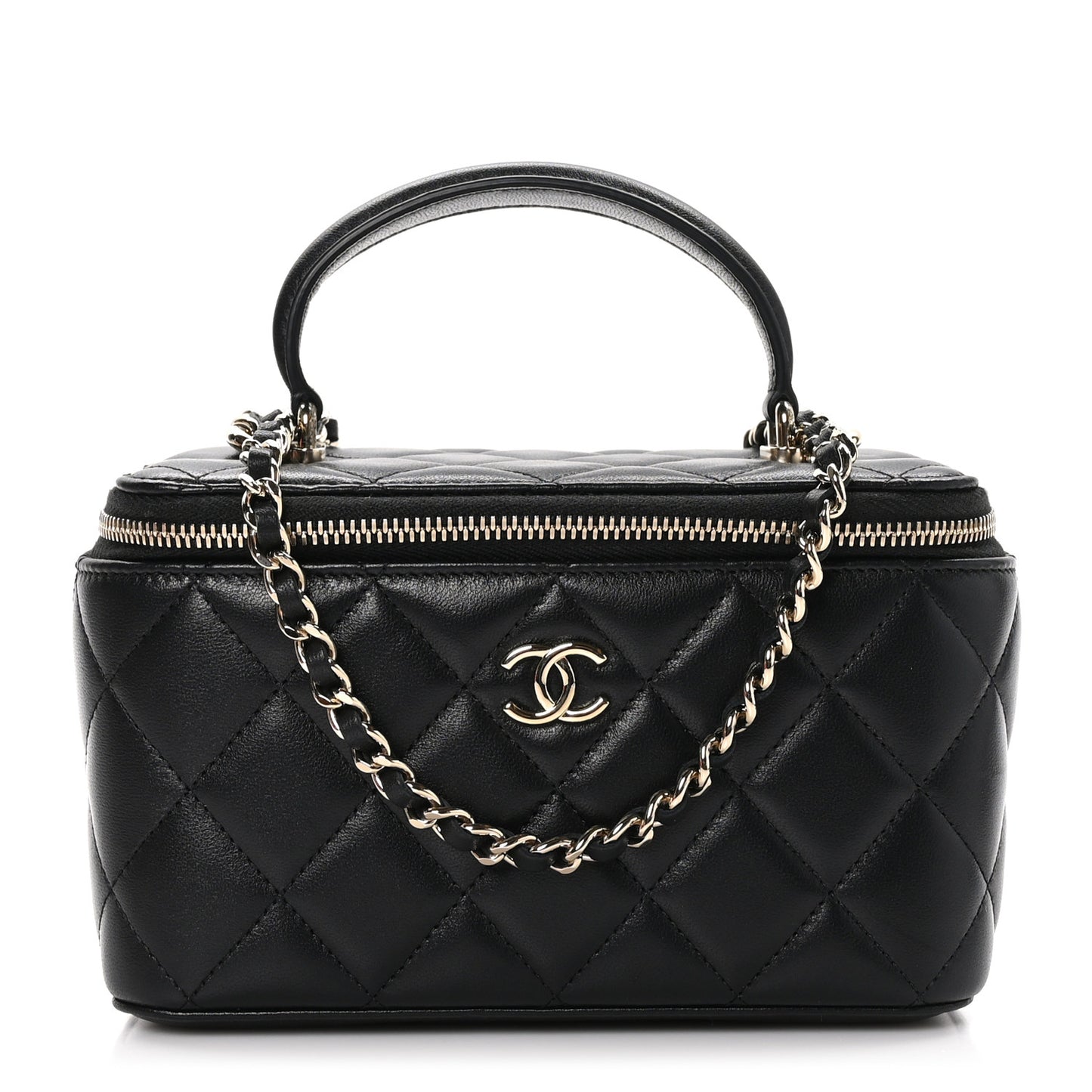 Lambskin Quilted Small Top Handle Vanity Case With Chain Black