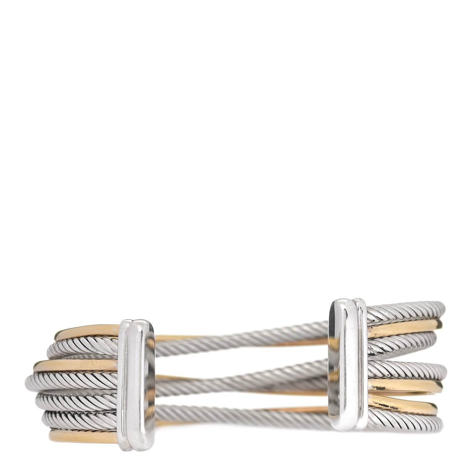 David Yurman Sterling Silver 18K Yellow Gold 21mm Four Row Crossover Cuff Bracelet 3 of 5