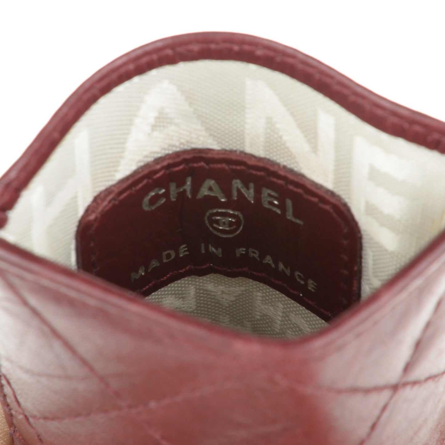 Aged Calfskin Quilted Cambon Card Case Holder Dark Red