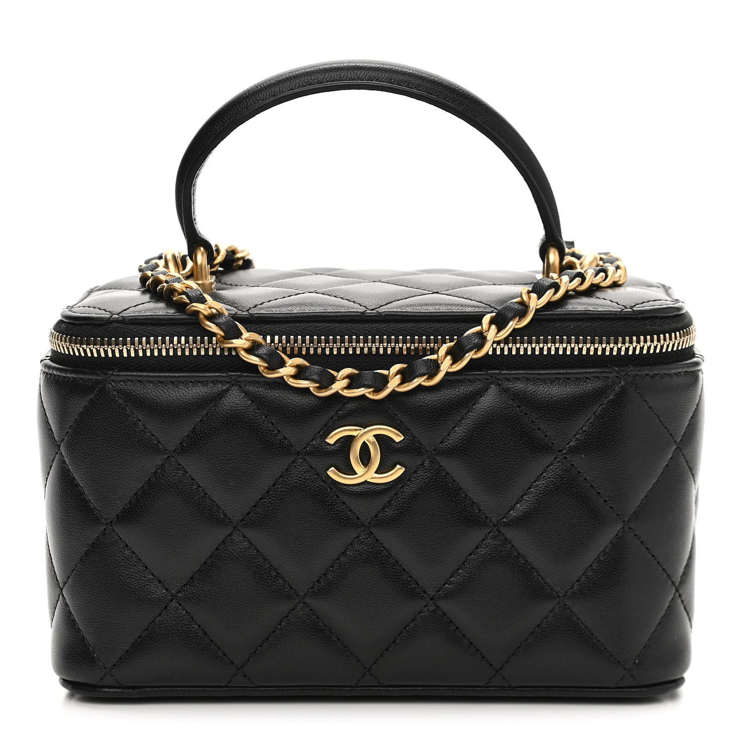 Lambskin Quilted Small Top Handle Vanity Case With Chain Black