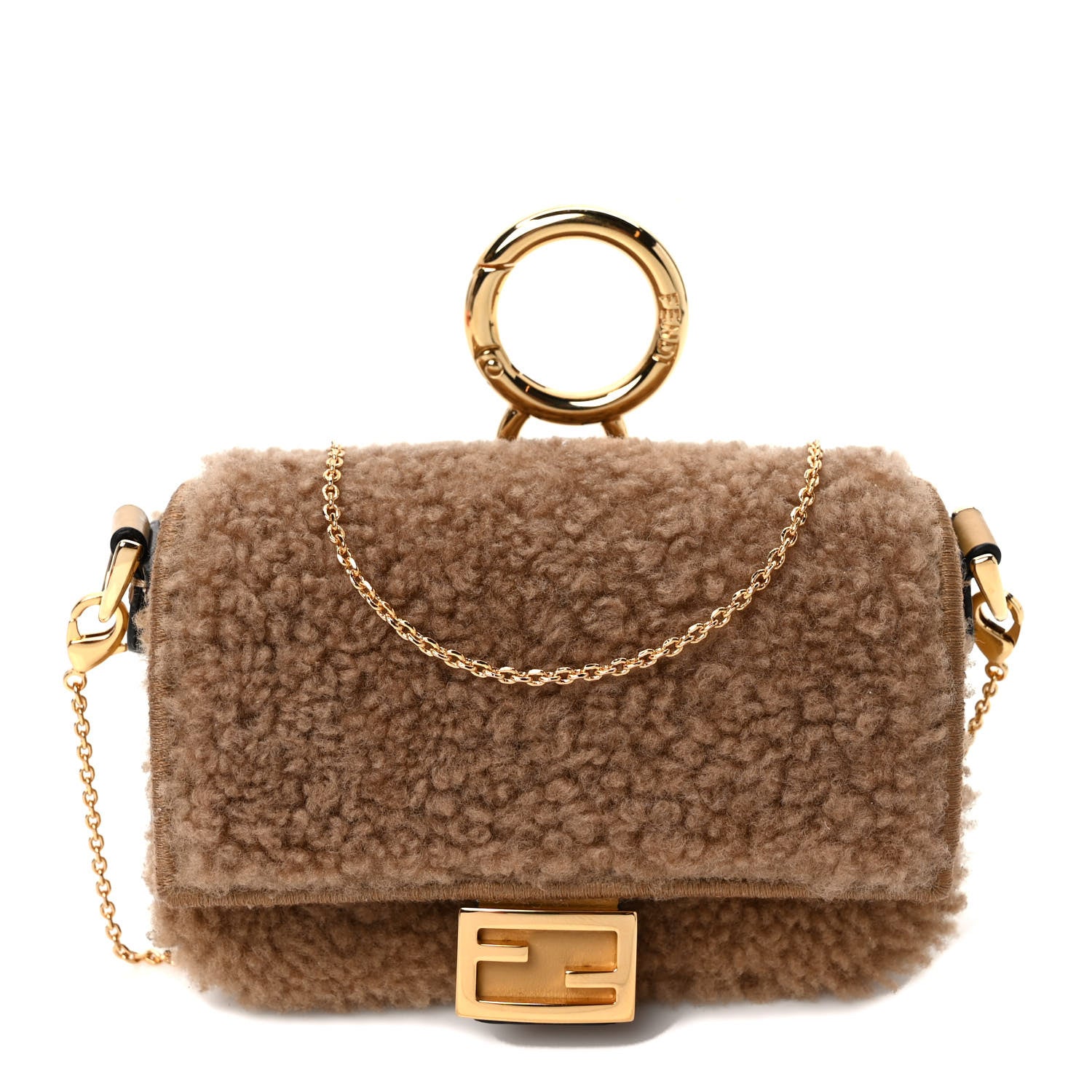 Fendi Curly Shearling Shiny Nappa Nano Baguette Charm Camel 1 of 8