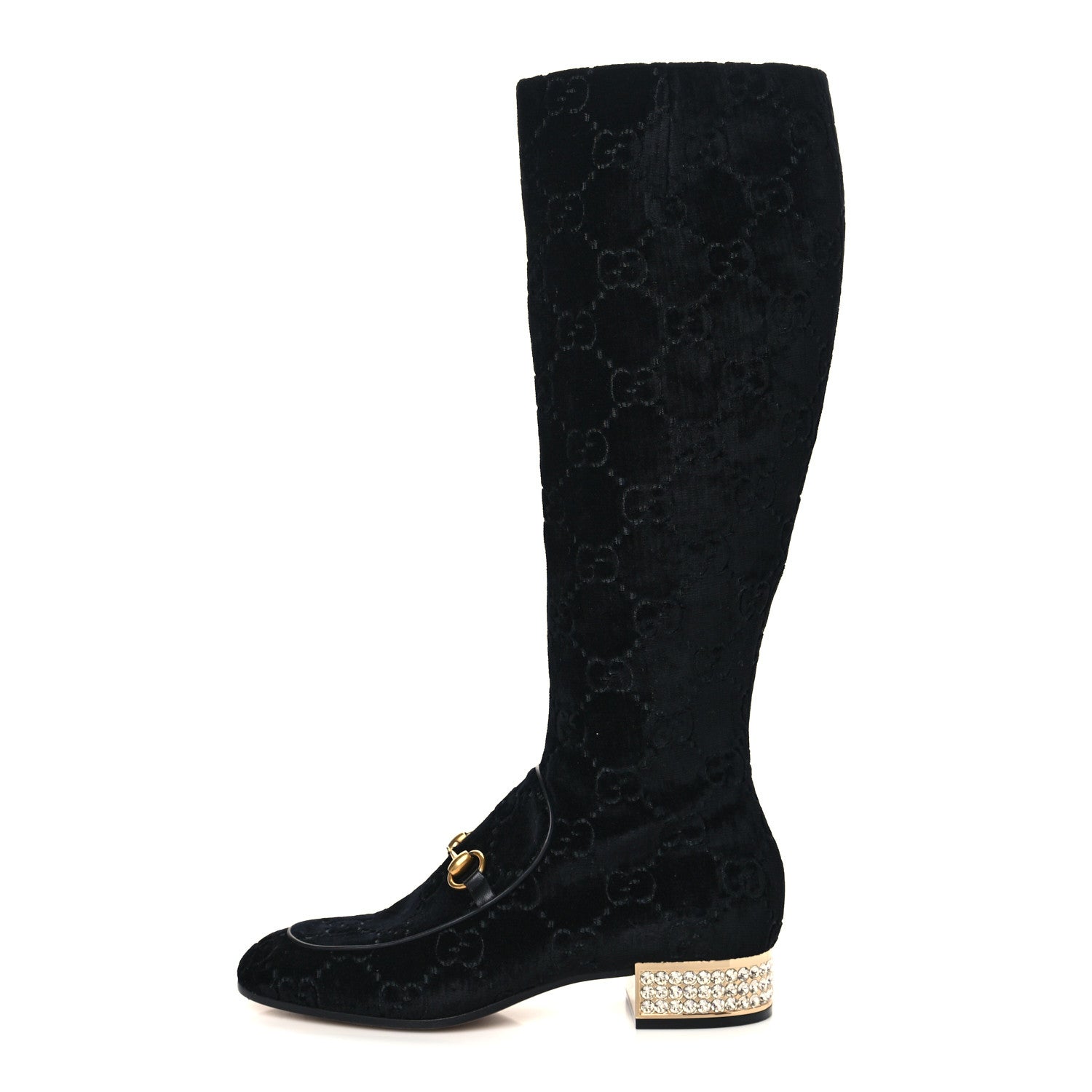 Gucci Velvet GG Monogram Crystal Horsebit Knee High Boots 39 Black 1 of 10