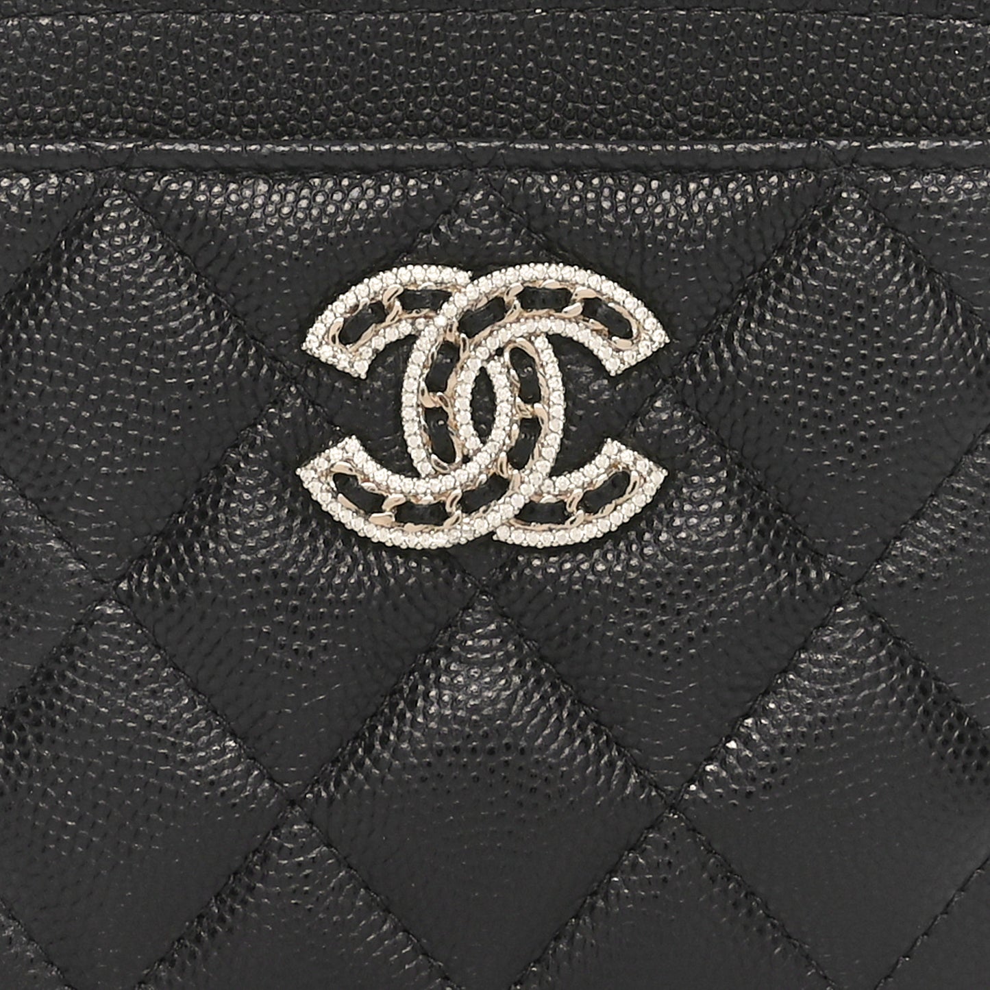 Caviar Quilted Crystal Zip Card Holder Wallet Black