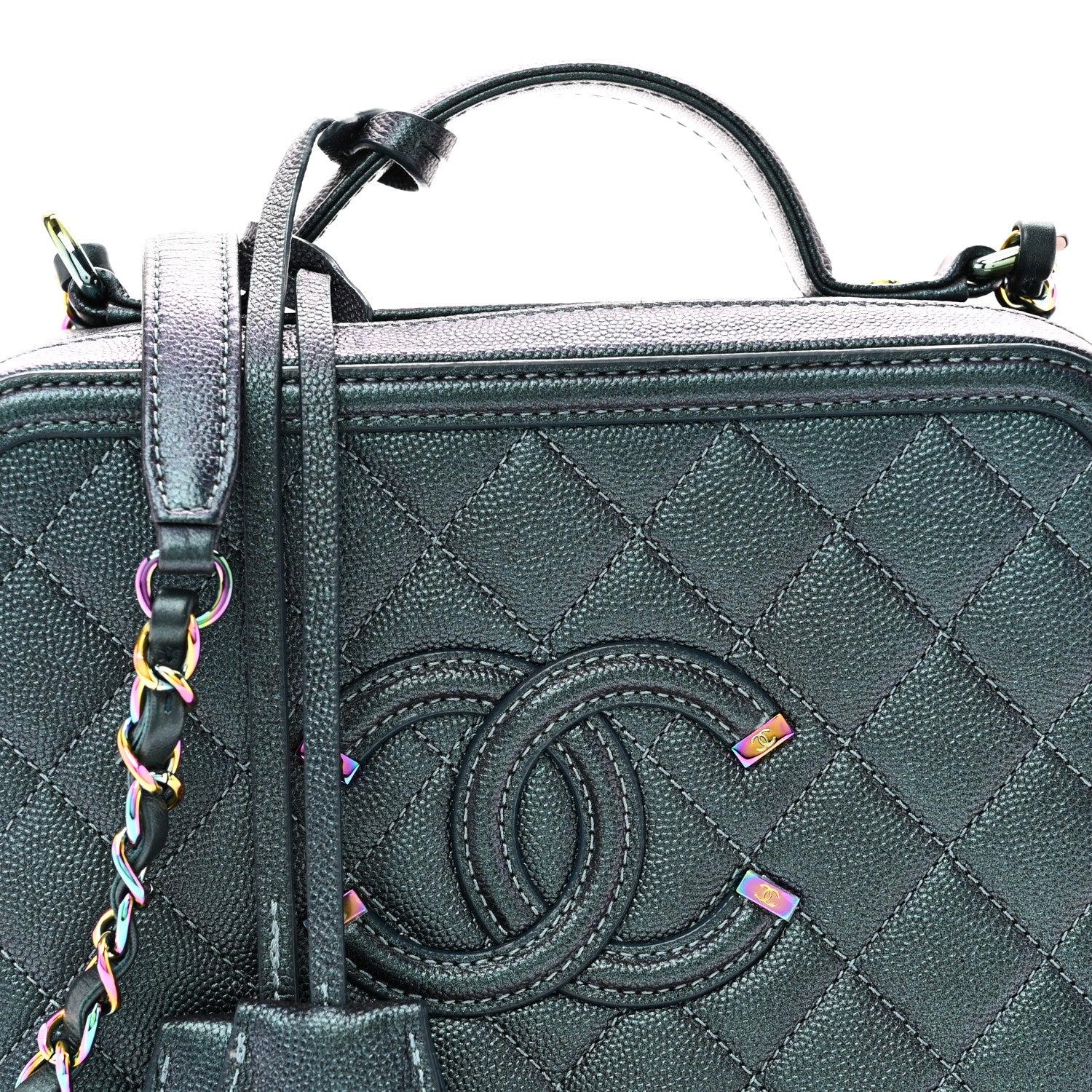 Chanel Iridescent Caviar Quilted Medium CC Filigree Vanity Case Dark Turquoise 8 of 11