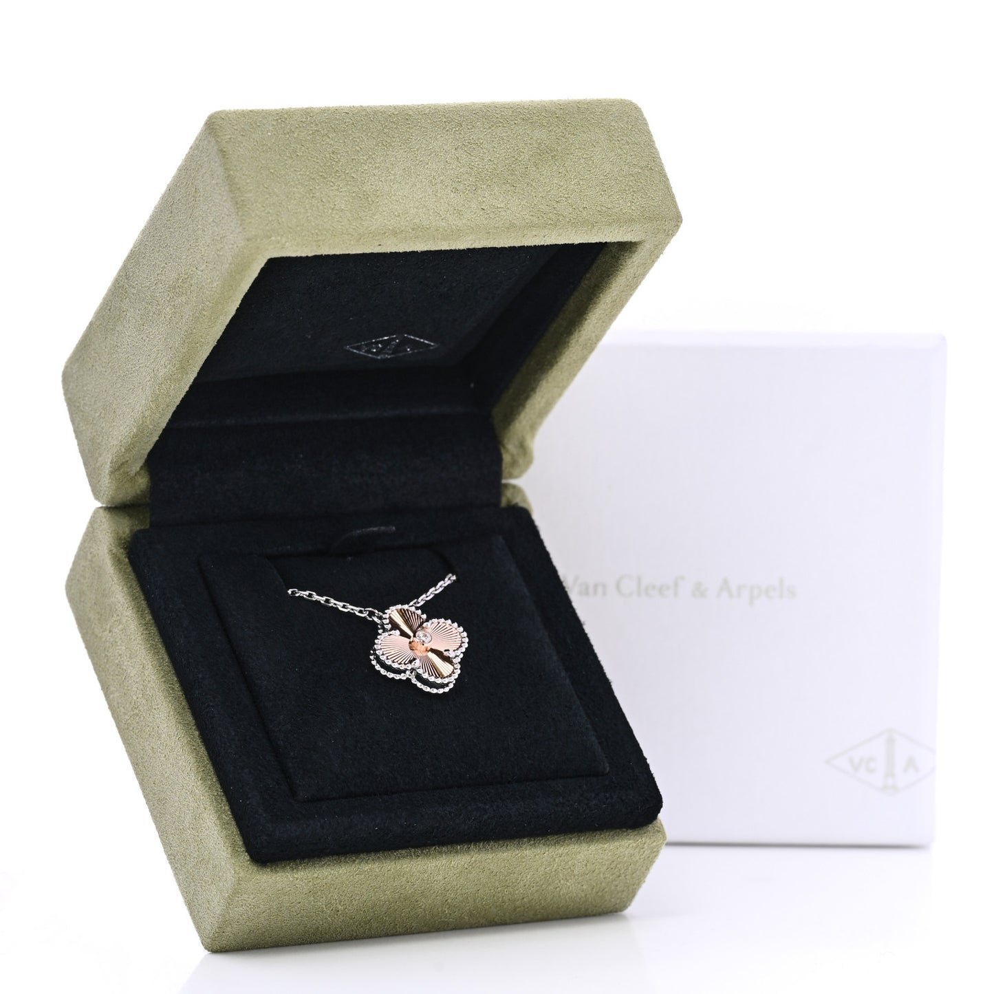 18K White Rose Gold Diamond Guilloche Vintage Alhambra Pendant Necklace