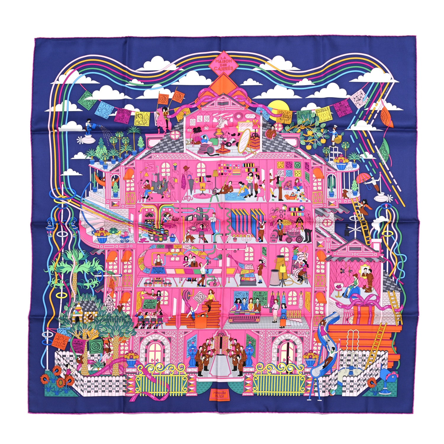 Hermes Silk La Maizeon Des Carres Scarf 90 Marine Rose Vert 1 of 5