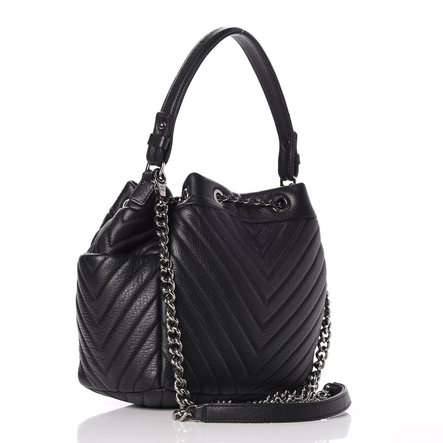 Chanel Deerskin Chevron Small CC Chain Bucket Bag Black 3 of 8