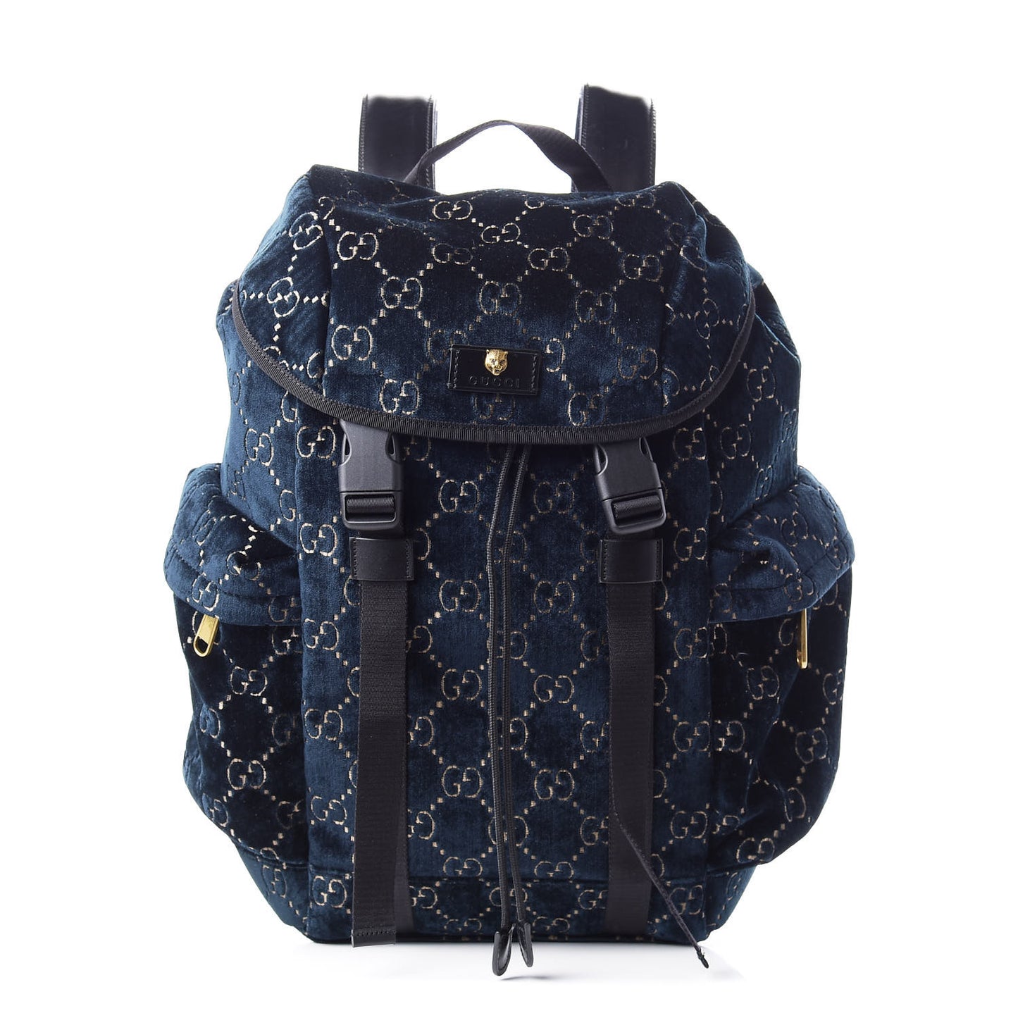 Velvet GG Monogram Web Medium Double Buckle Backpack Blue Beige Black