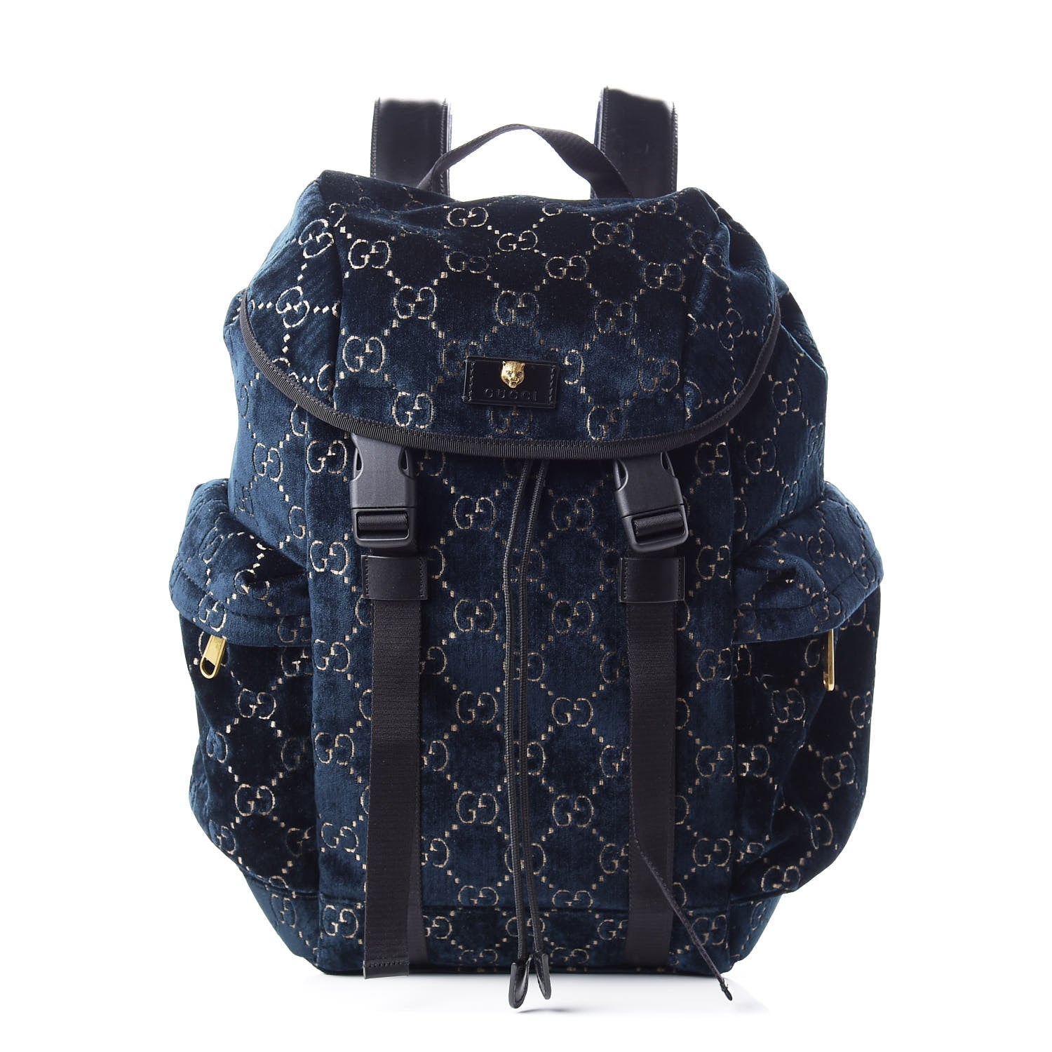 Gucci Velvet GG Monogram Web Medium Double Buckle Backpack Blue Beige Black 1 of 9