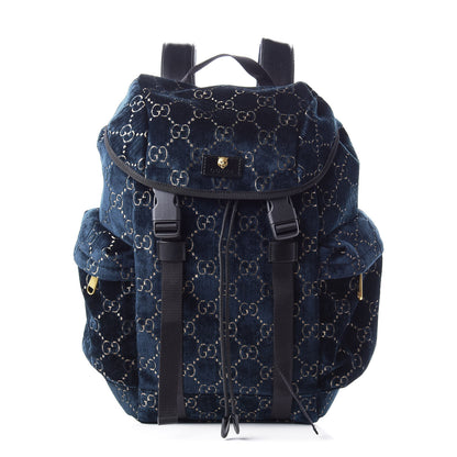 Gucci Velvet GG Monogram Web Medium Double Buckle Backpack Blue Beige Black 1 of 9