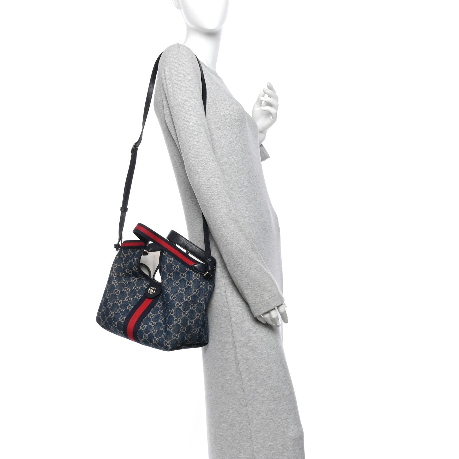 Gucci Denim GG Monogram Web Small Giglio Tote Blue White 2 of 10