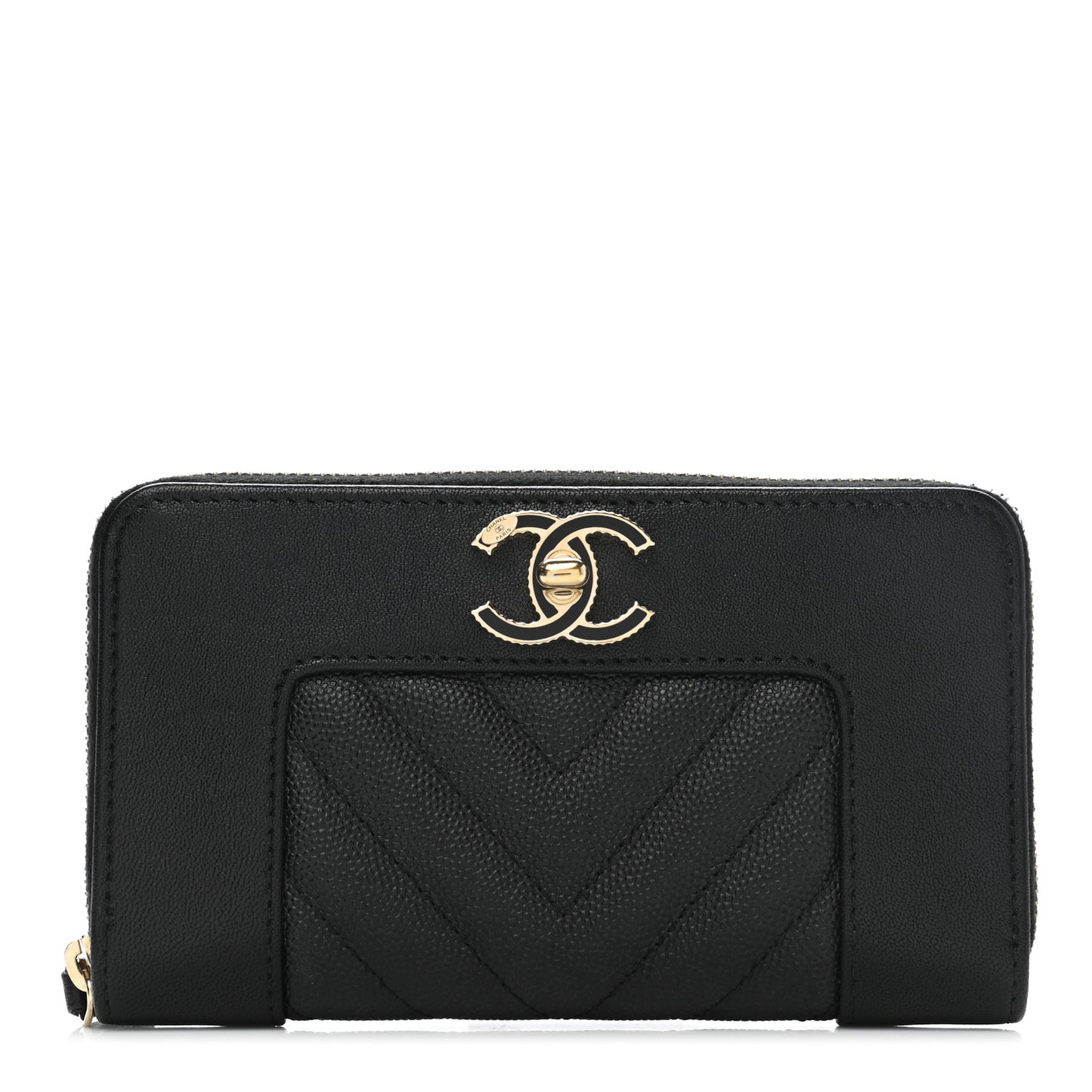 Caviar Sheepskin Chevron Quilted Medium Mademoiselle Vintage Zip Around Wallet Black