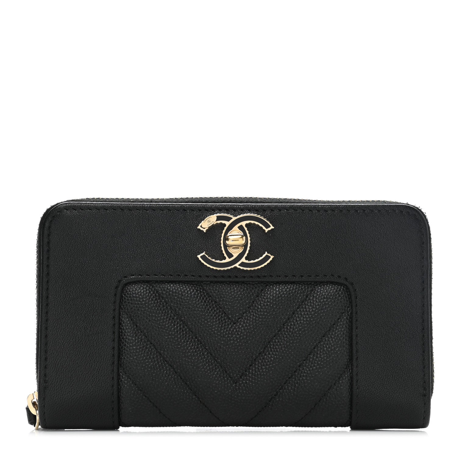 Chanel Caviar Sheepskin Chevron Quilted Medium Mademoiselle Vintage Zip Around Wallet Black 1 of 8