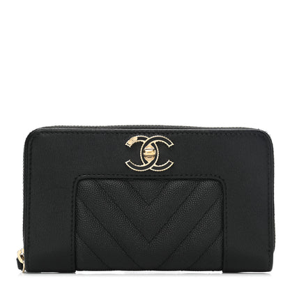 Chanel Caviar Sheepskin Chevron Quilted Medium Mademoiselle Vintage Zip Around Wallet Black 1 of 8