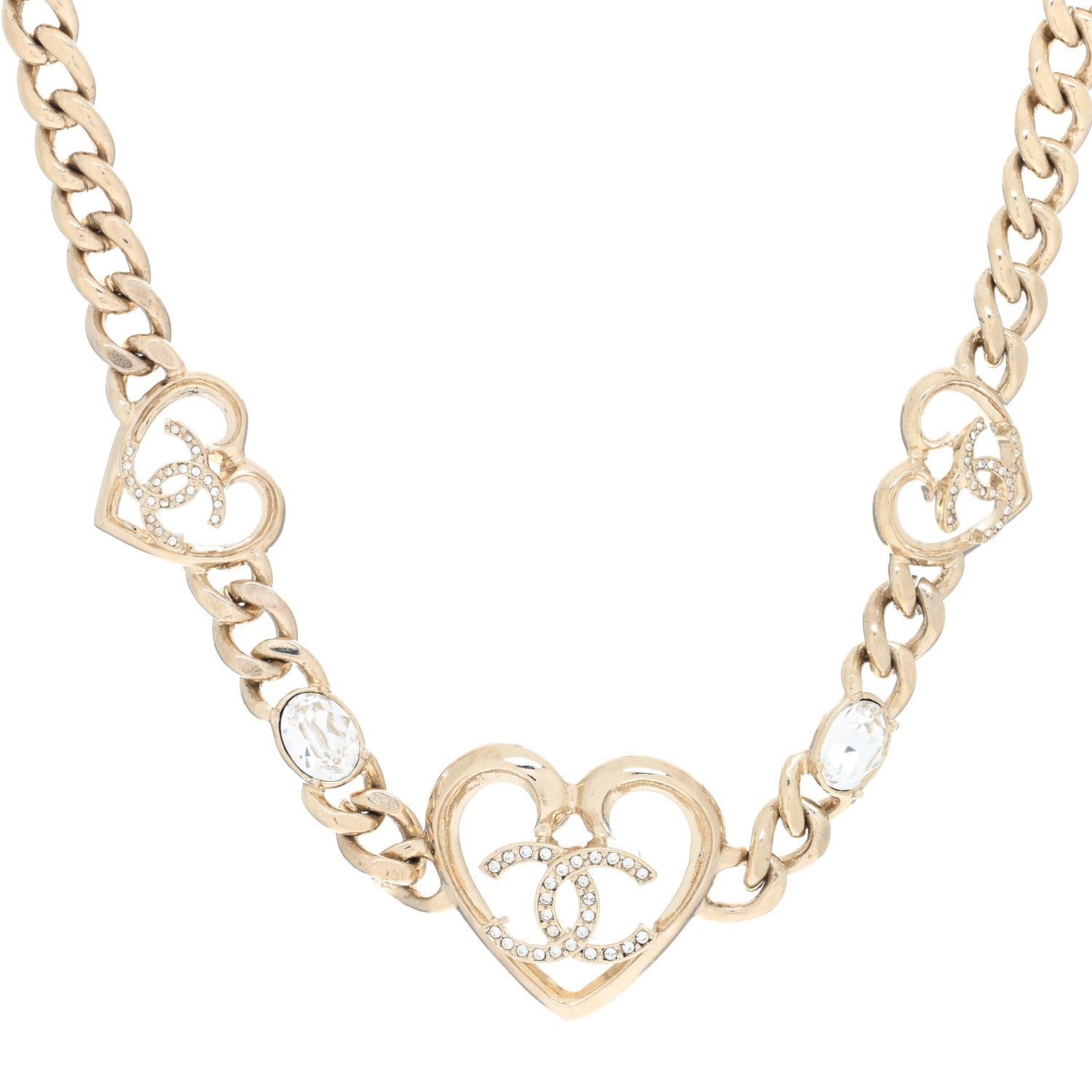 Chanel Metal Crystal Heart CC Chain Necklace Gold 1 of 4