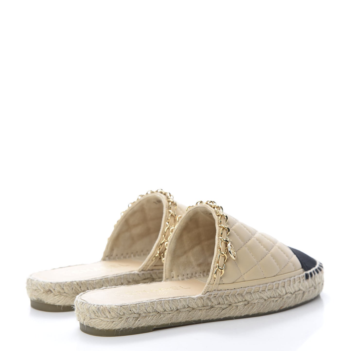 Lambskin Grosgrain Quilted CC Chain Espadrille Mules 35 Beige Black