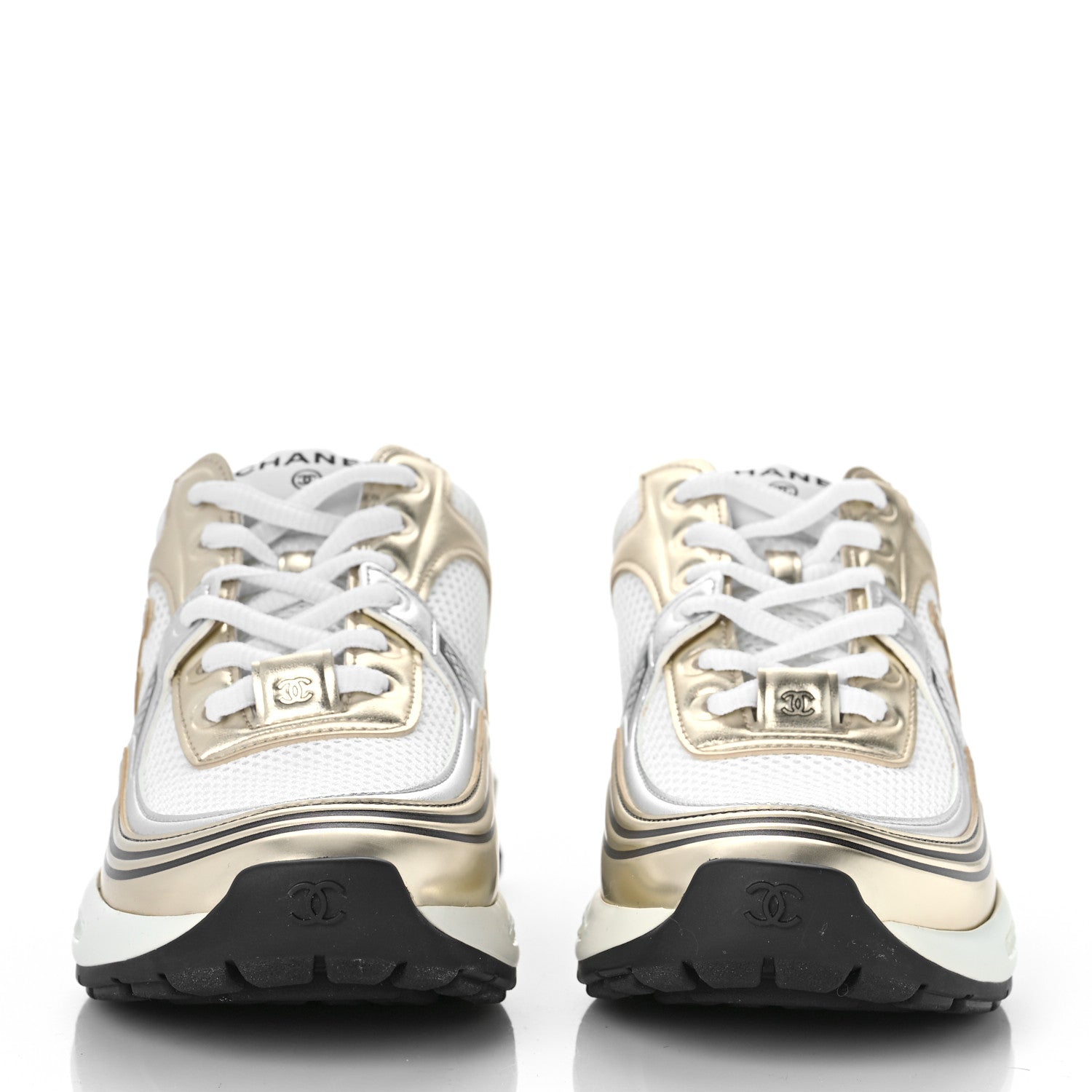 Chanel Fabric Laminated Calfskin CC Sneakers 37 White Gold Silver 2 of 10