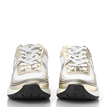 Chanel Fabric Laminated Calfskin CC Sneakers 37 White Gold Silver 2 of 10