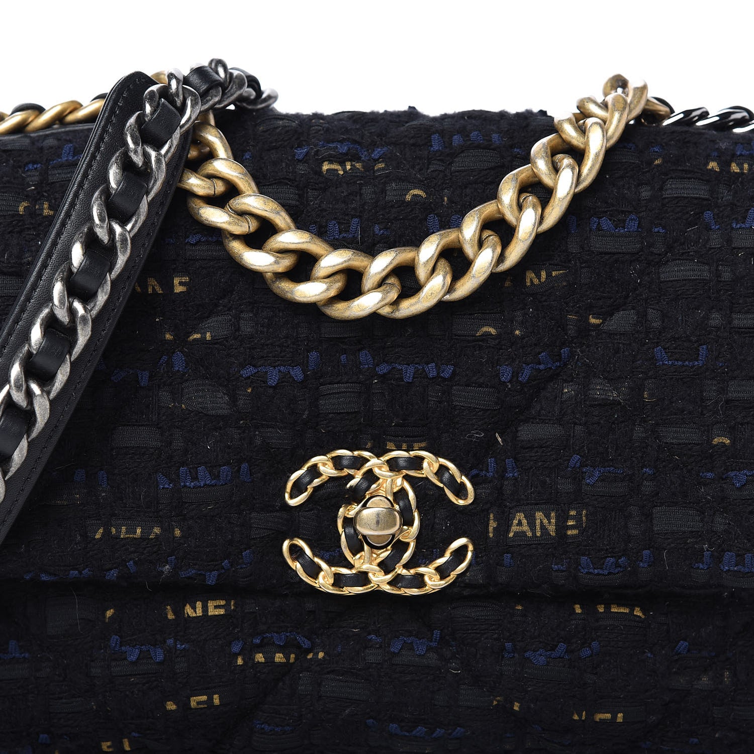 Chanel Tweed Quilted Medium Chanel 19 Flap Black Navy Gold 10 of 11