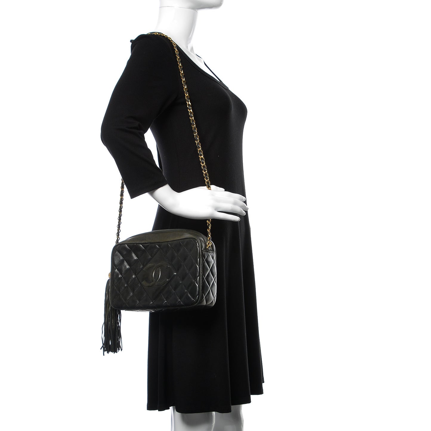 Lambskin Quilted CC Tassel Camera Case Black