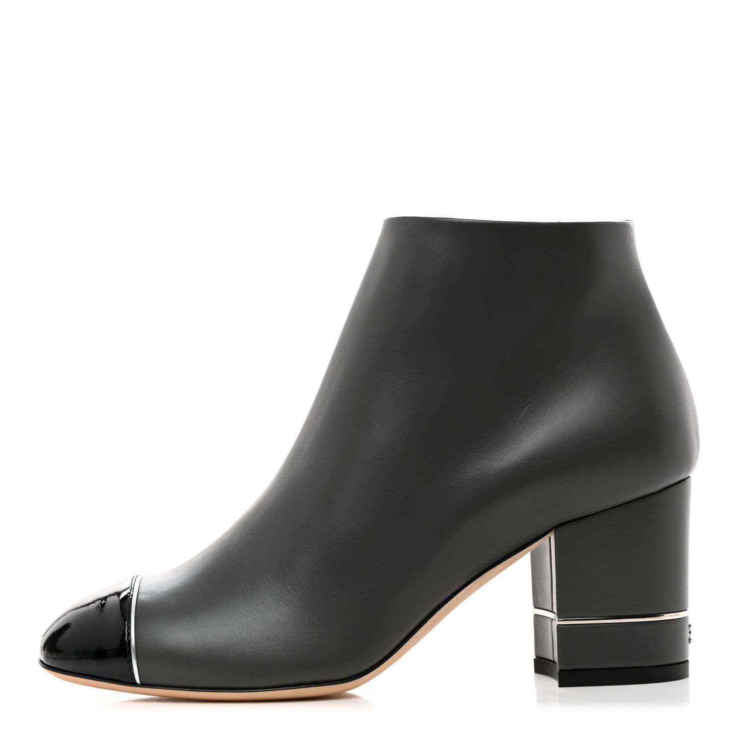 Chanel Calfskin Patent CC Cap Toe Ankle Booties 36 Grey Black 1 of 9