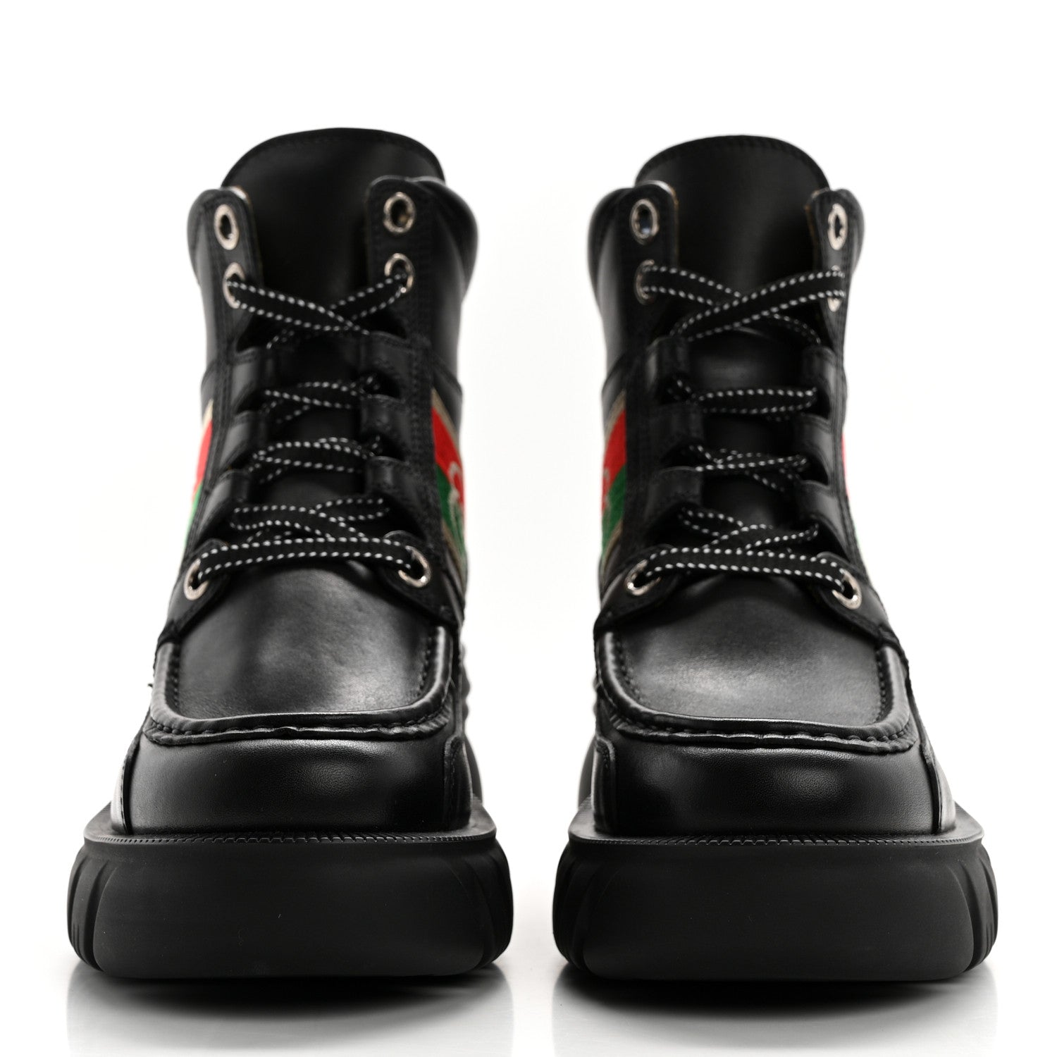 Gucci Quebec Calfskin Web Womens Interlocking G Lace Up Combat Boots 35 Black Mystic White Green Red 2 of 9
