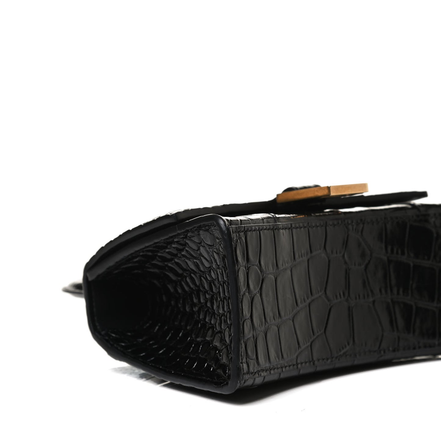 Shiny Calfskin Crocodile Embossed Hourglass Top Handle Bag XS Black