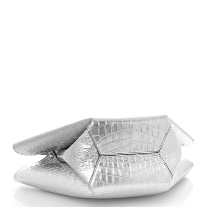 Bottega Veneta Metallic Calfskin Crocodile Embossed Ring Top Handle Tote Bag Silver 5 of 10