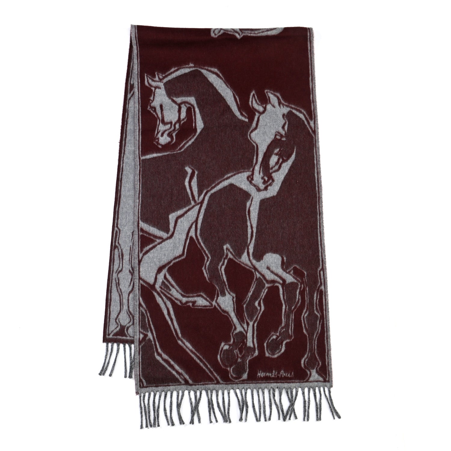 Hermes Cashmere La Danse des Chevaux Muffler Bordeaux Gris Moyen Gris Clair 2 of 5