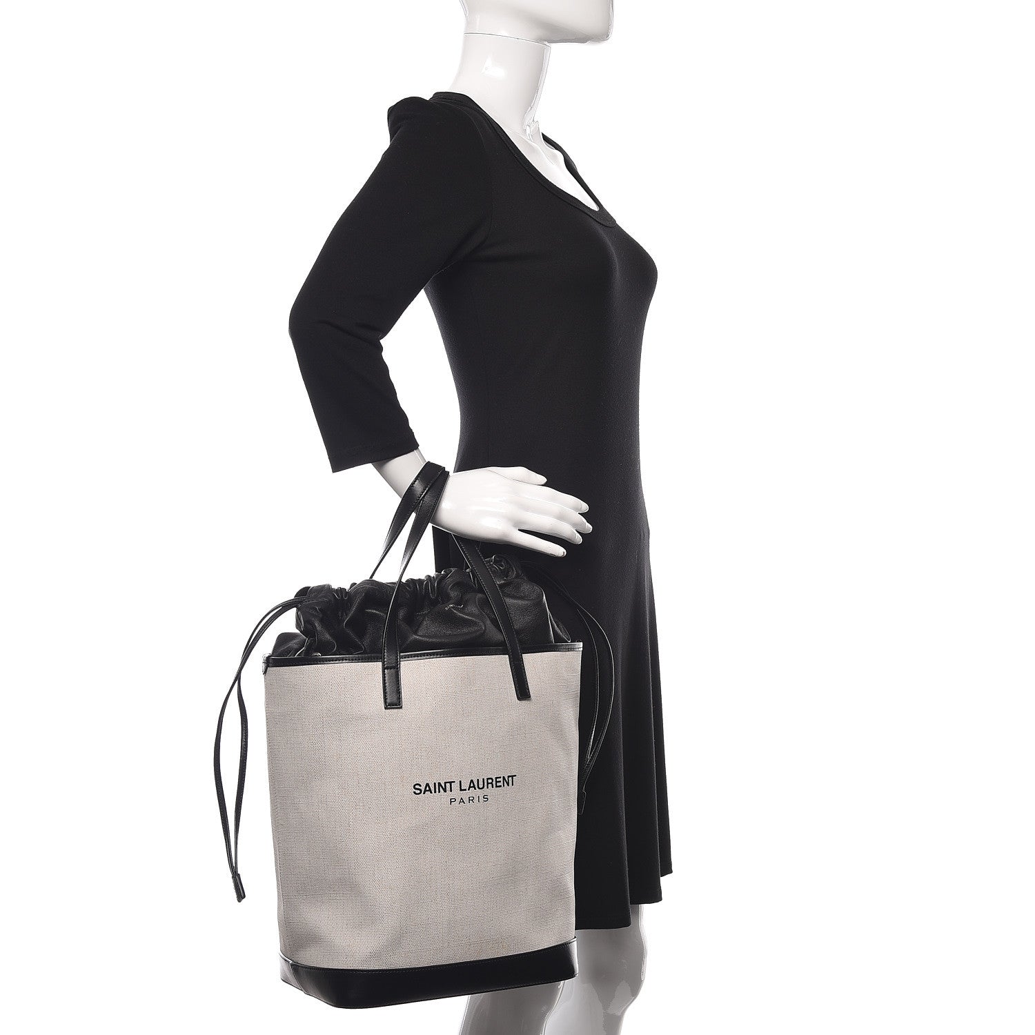 Saint Laurent Canvas Calfskin Teddy Drawstring Shopping Tote White Black 2 of 11