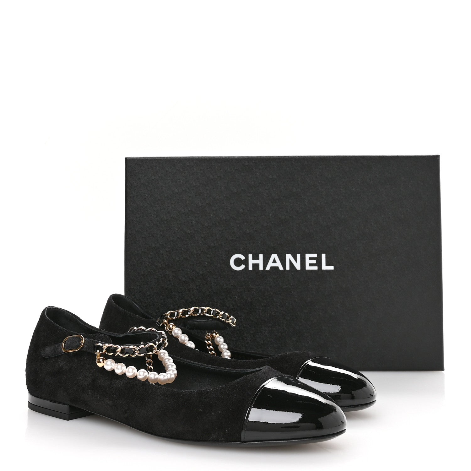 Chanel Shiny Lambskin Pearl Cap Toe Ankle Chain Ballerina Flats 40
