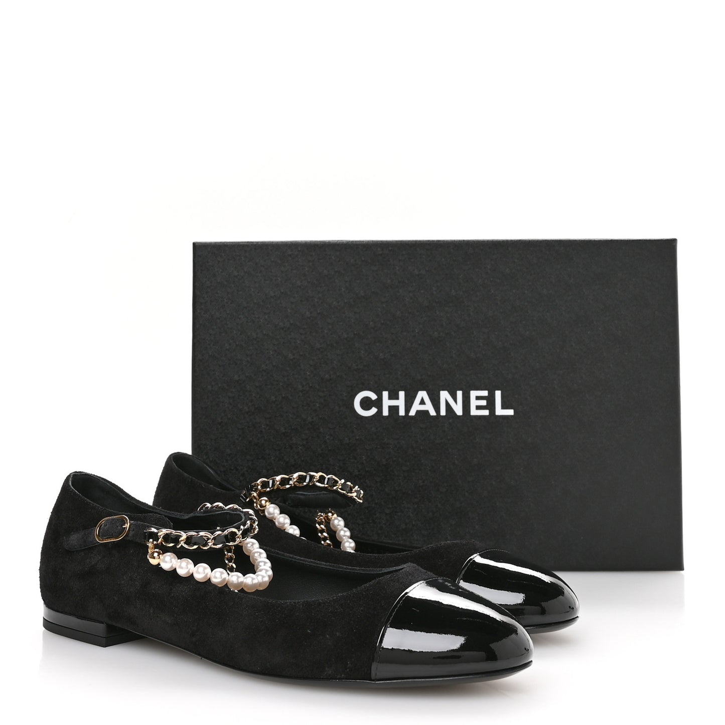 Shiny Lambskin Pearl Cap Toe Ankle Chain Ballerina Flats 40 Black