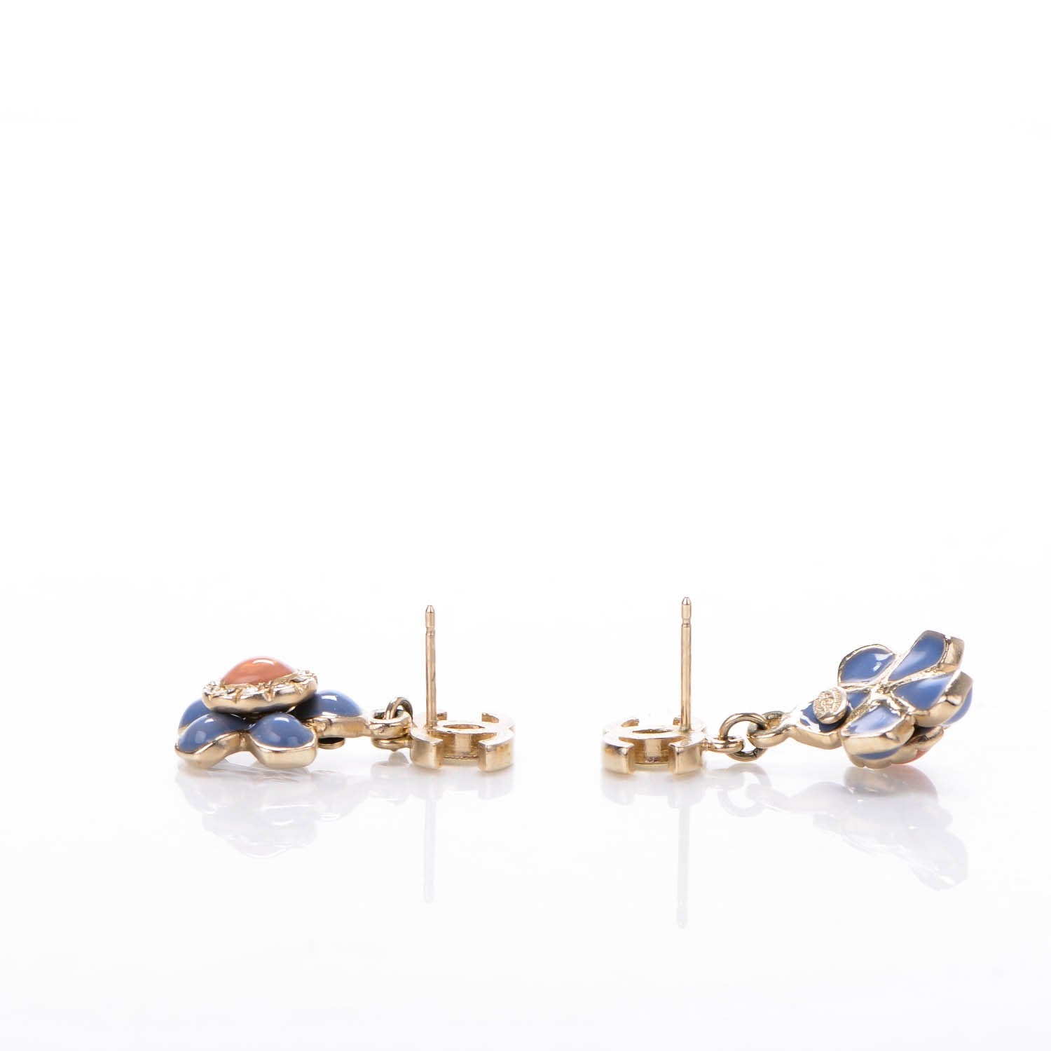 Chanel Enamel Crystal CC Camellia Earrings Blue Gold 3 of 4