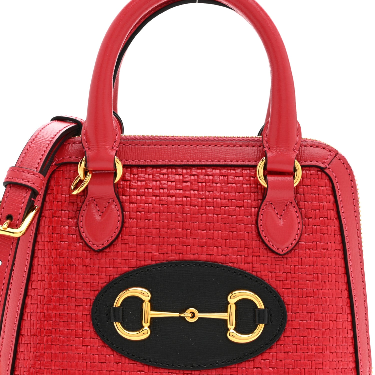 Gucci Straw Azalea Calfskin Woven Mini Horsebit 1955 Top Handle Bag Coral Wave Black 9 of 12