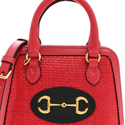 Gucci Straw Azalea Calfskin Woven Mini Horsebit 1955 Top Handle Bag Coral Wave Black 9 of 12