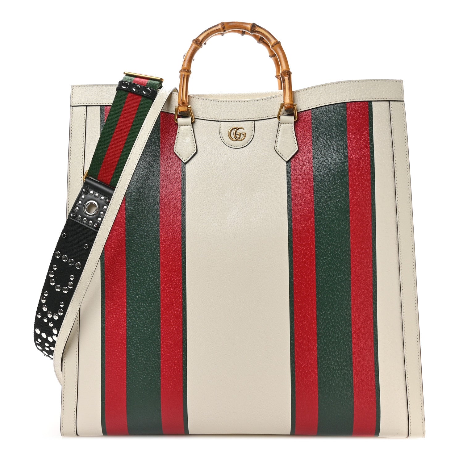 Gucci Textured Dollar Calfskin Web Stripe Studded Maxi Diana Tote Bag White Multicolor 1 of 9