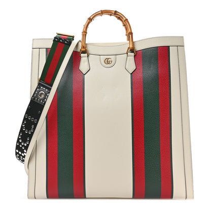 Gucci Textured Dollar Calfskin Web Stripe Studded Maxi Diana Tote Bag White Multicolor 1 of 9