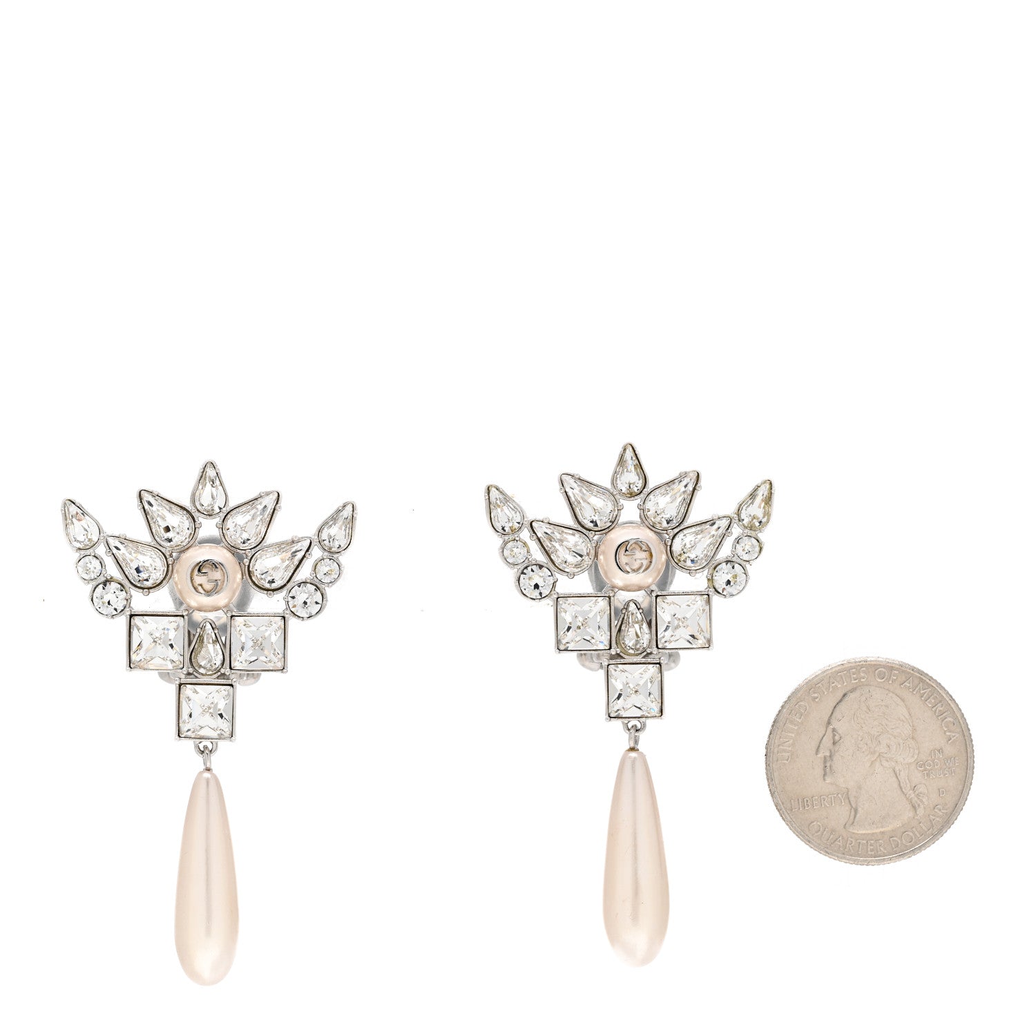 Gucci Crystal Pearl Interlocking G Drop Clip On Earrings 2 of 5